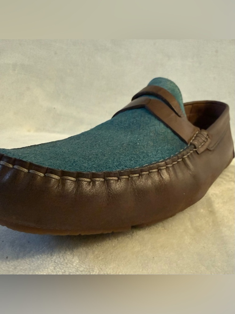 Bacco Bucci Albatros Leather Penny Loafers Tan Blue Suede - Picture 6 of 14